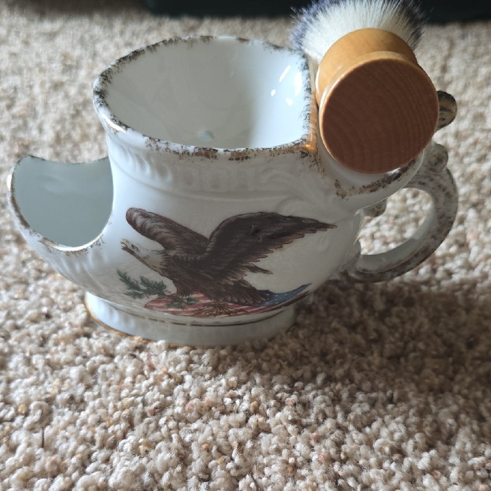 Vintage Shaving Scuttle Mug Patriotic American Eagle & Floral Design‎ With Brush